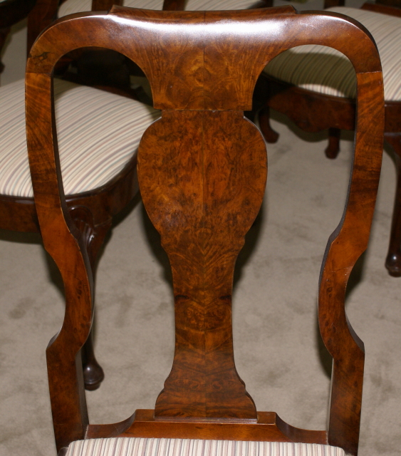 Set of 10 Queen Anne burl walnut antique dining room chairs